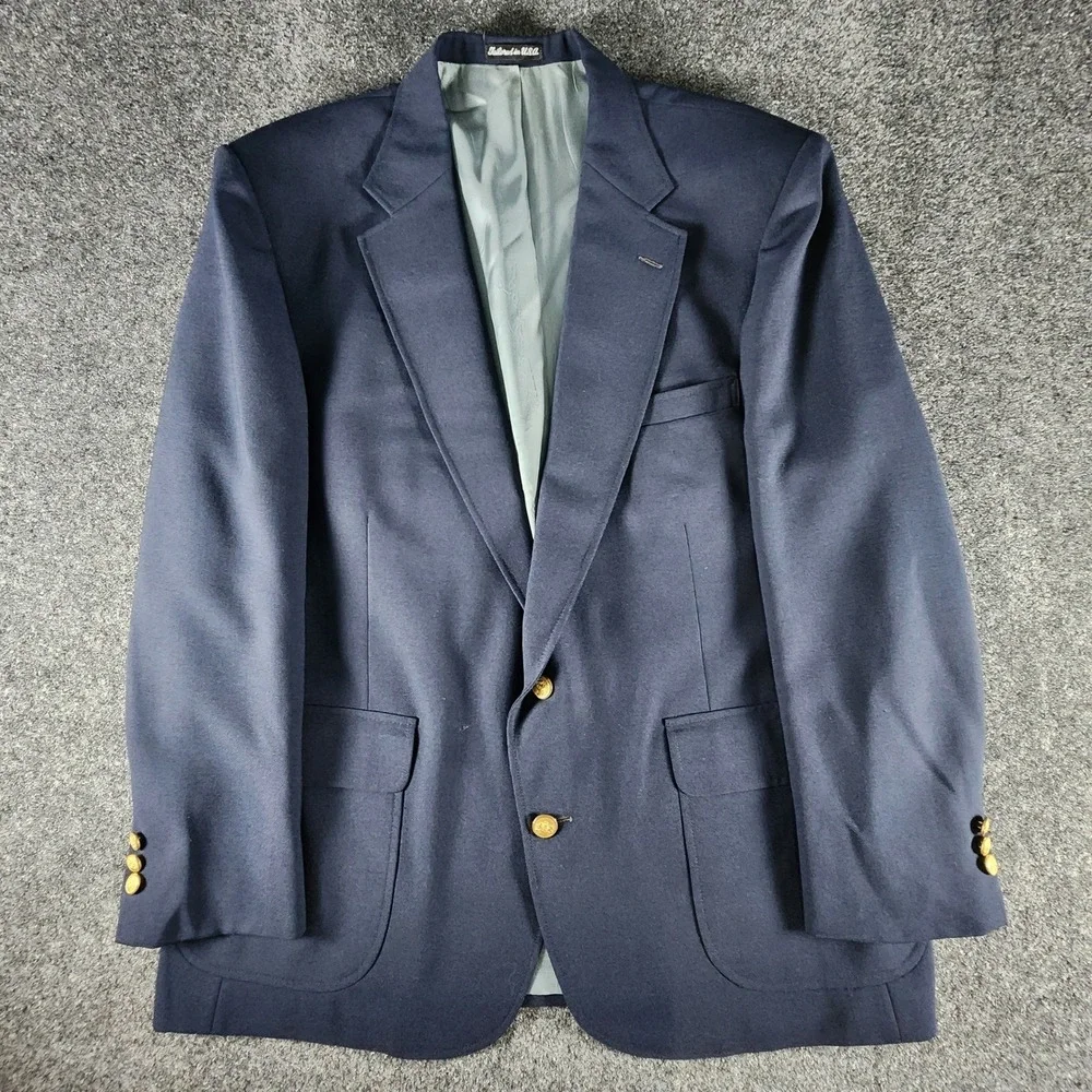 VTG Stafford Mens Navy Blue Hopsack Blazer Gold Crest Buttons USA Made Size 46R